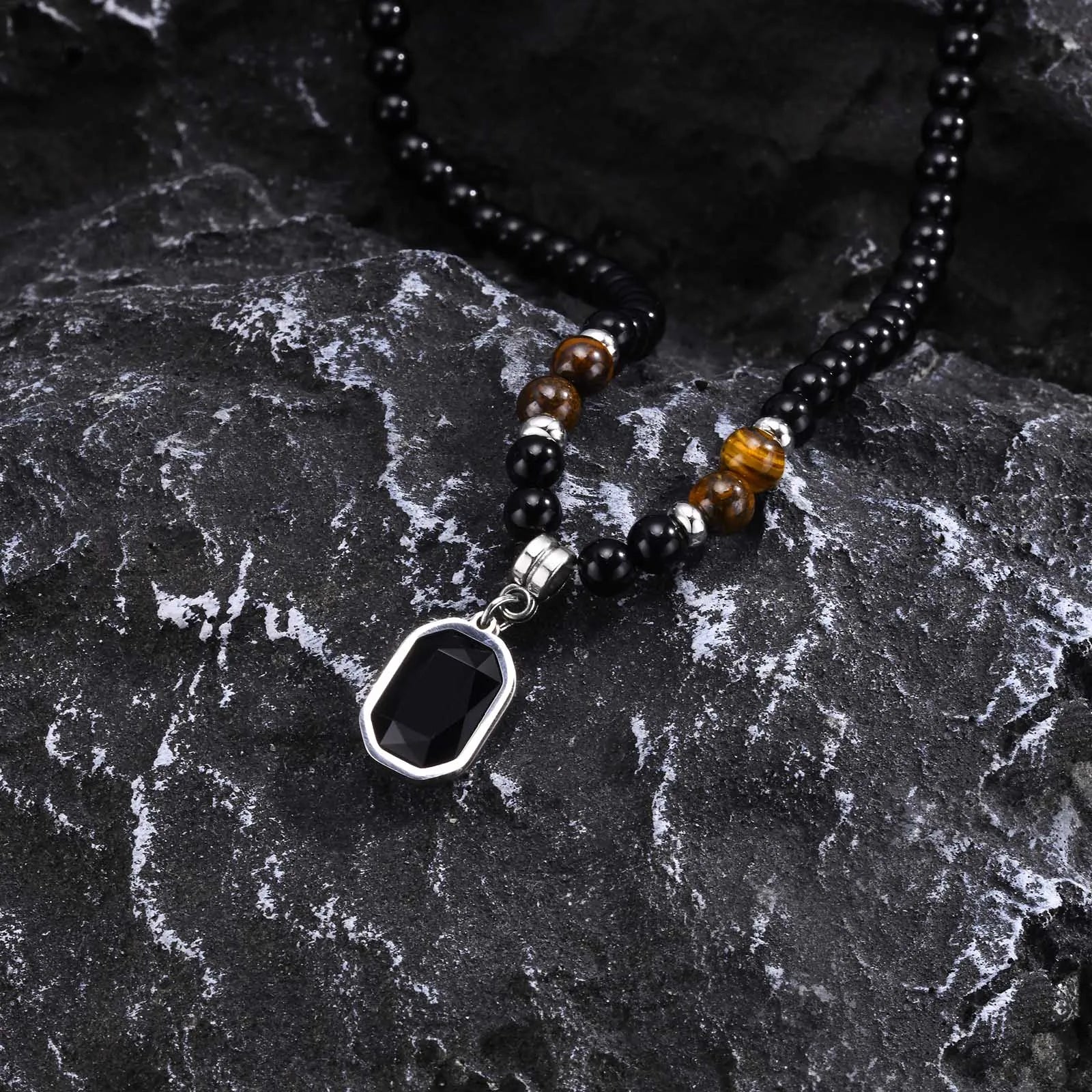 Black Stone Square Pendant Necklace
