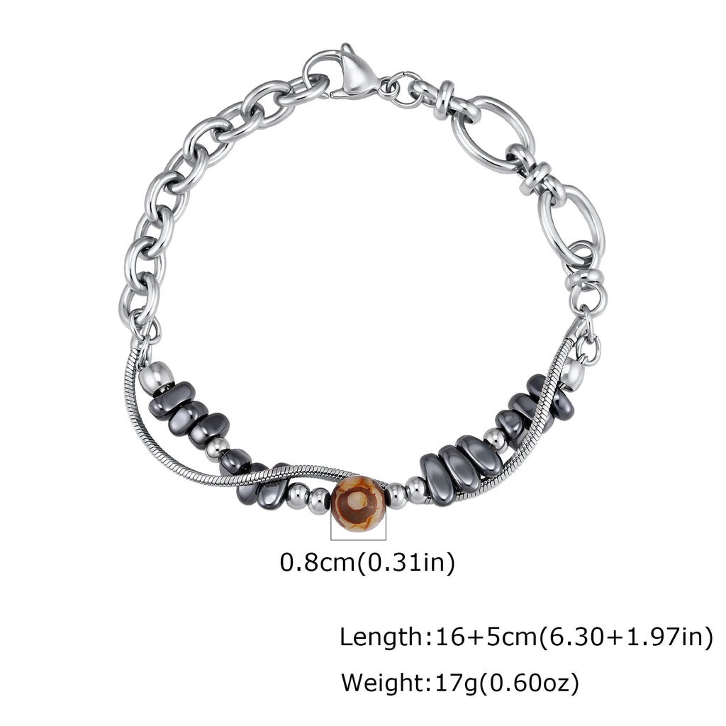 Double-Layer Black Natural Stone Bead Bracelet — Stainless Steel