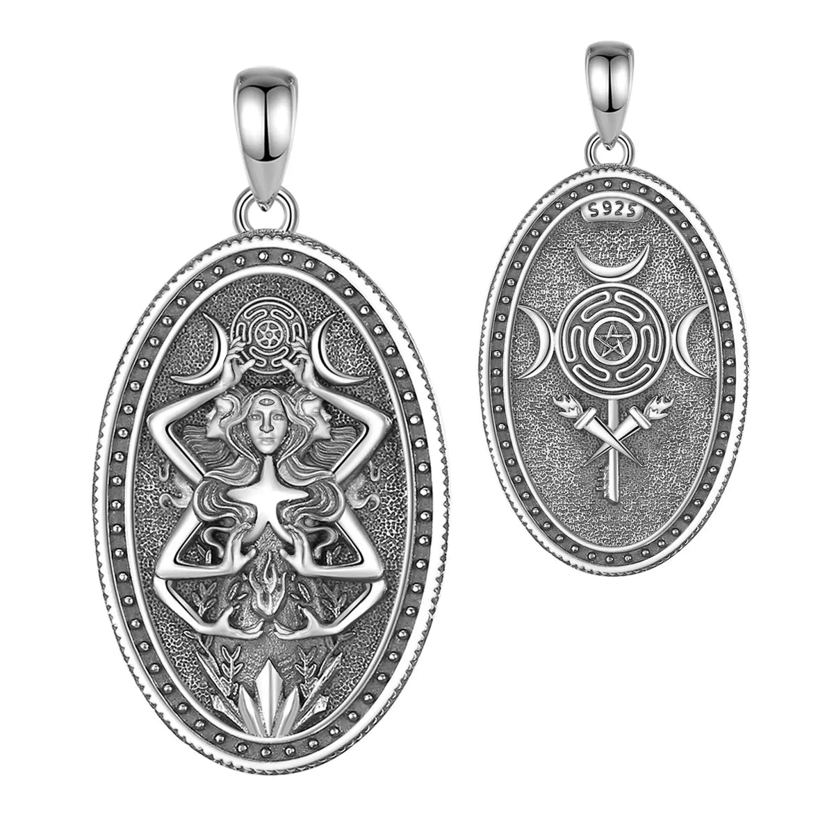 AEONSLOVE Silver Hecate Triple Moon Goddess Necklace Vintage Oval Pendant Wicca Pagan Jewelry Protection Amulet