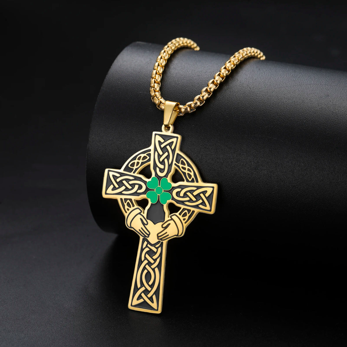 Celtic Cross Shamrock Claddagh Pendant Necklace — Stainless Steel