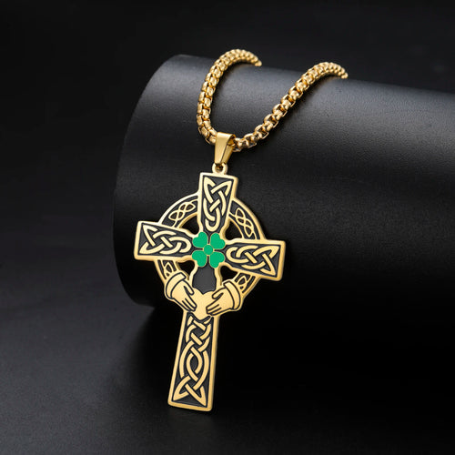 Celtic Cross Shamrock Claddagh Pendant Necklace — Stainless Steel
