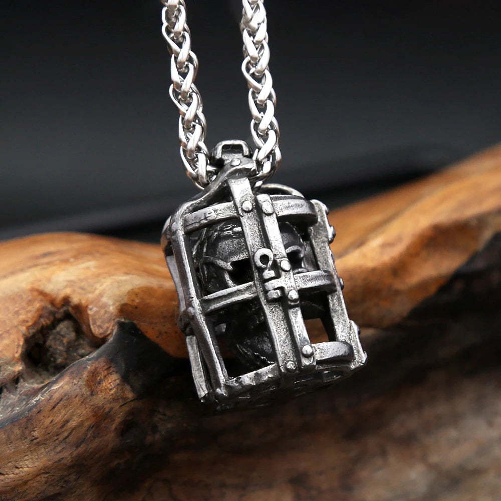 Gothic Cage Skull Pendant — Black