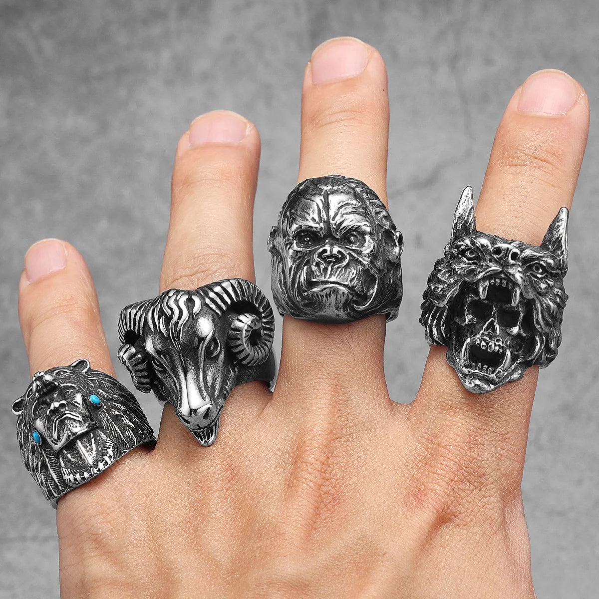 Stainless Steel Men Rings Viking Wolf Animal Skull Punk For Women Biker Fashion Jewelry Halloween Creativity Gift