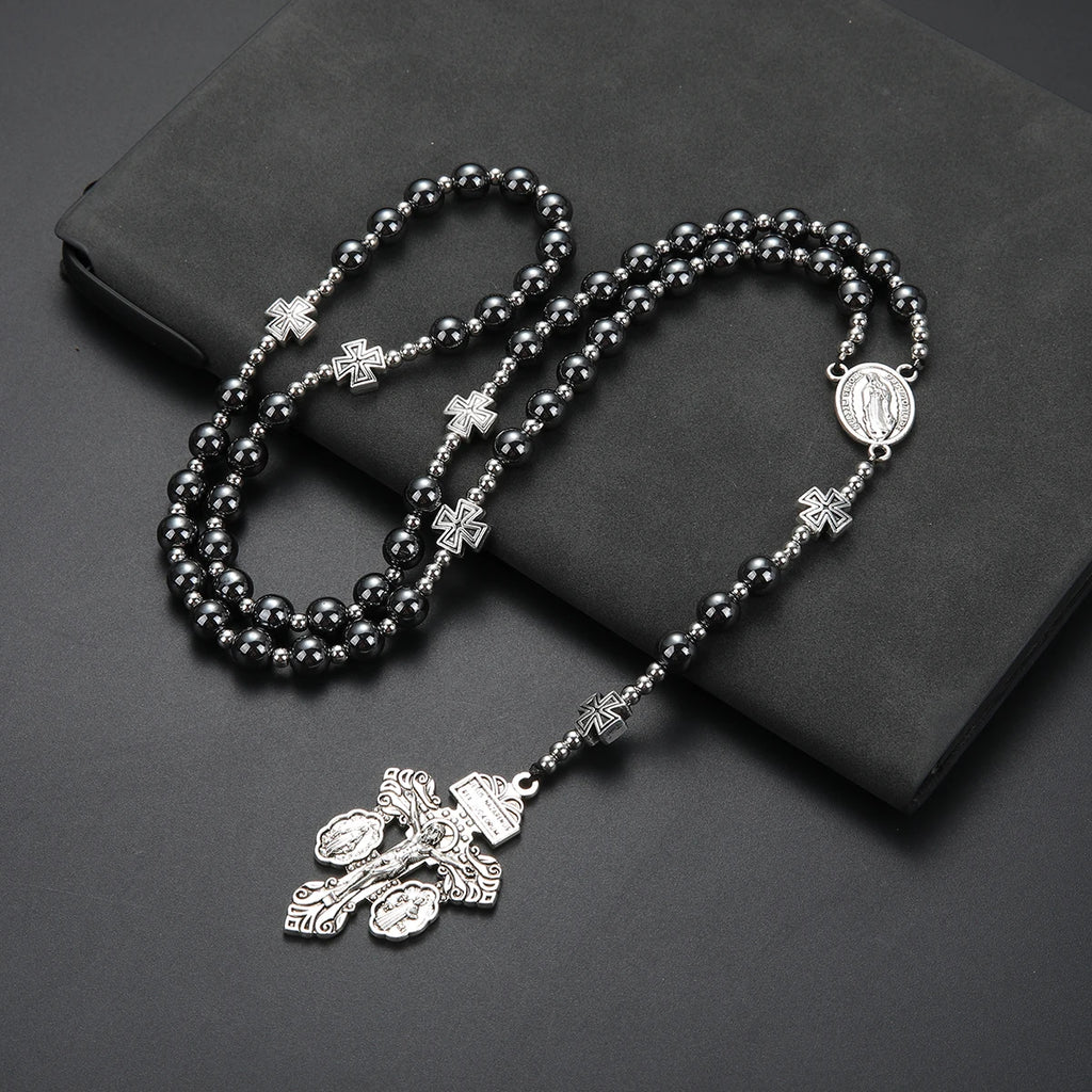 Black Hematite Cross Pendant Necklace — Zinc Alloy
