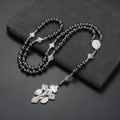 Black Hematite Rosary Cross Pendant Necklace — Zinc Alloy