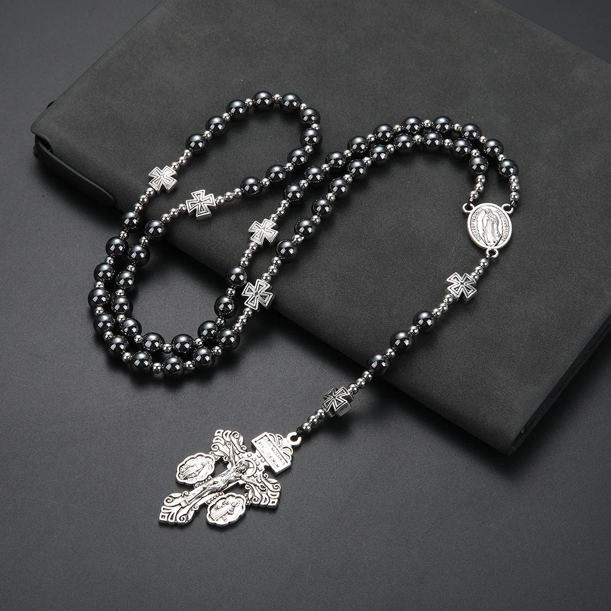 Black Hematite Cross Pendant Necklace — Zinc Alloy