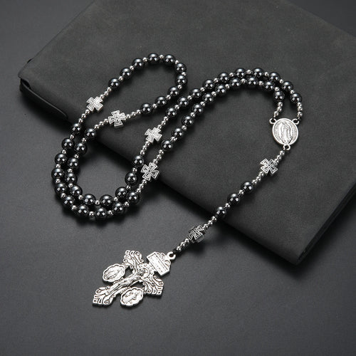 Black Hematite Cross Pendant Necklace — Zinc Alloy