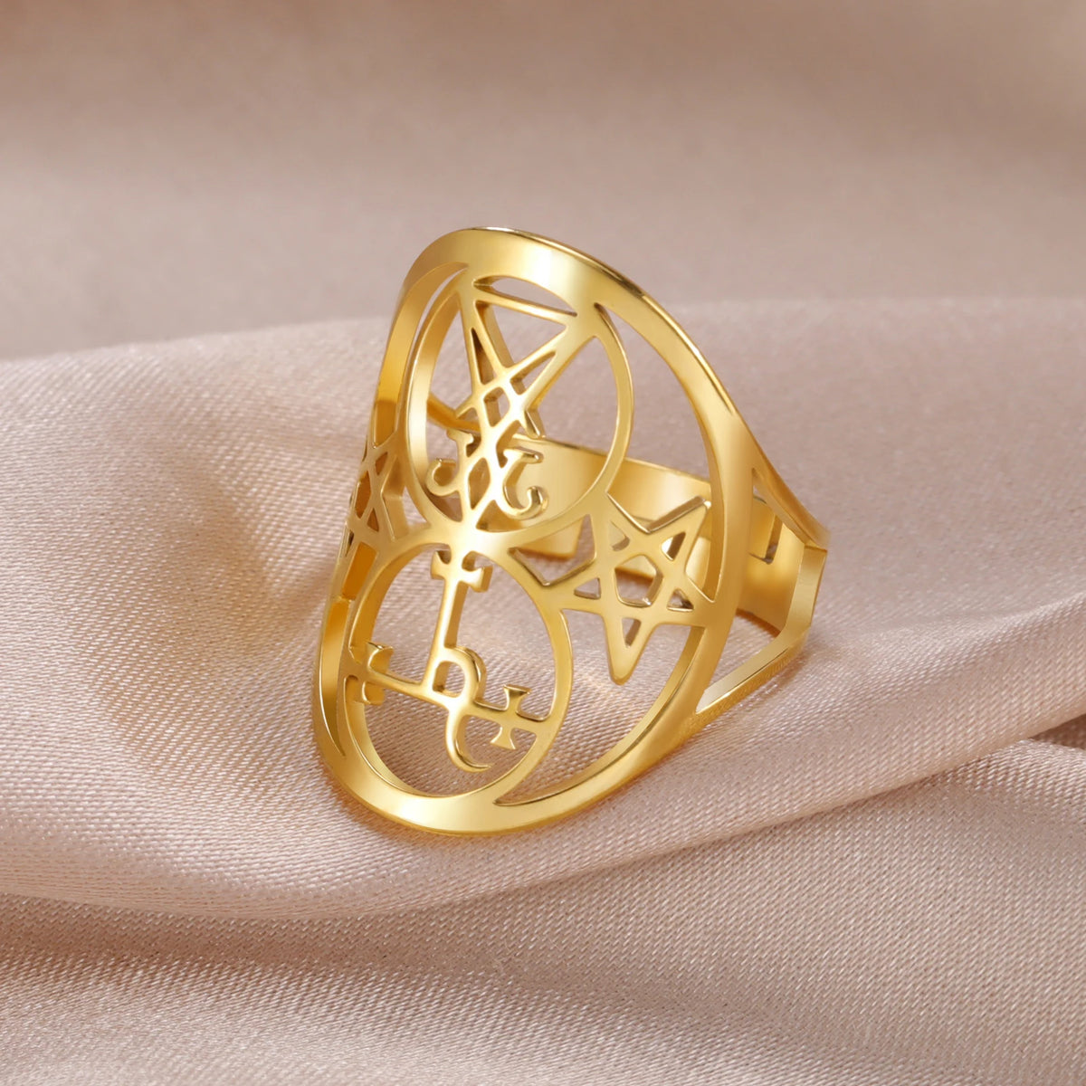 COOLTIME Sigil of Lilith Ring Vintage Stainless Steel Adjustable Pentagram Om Symbol Magic Couple Rings Amulet Jewelry