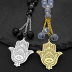 Hamsa Hand Evil Eye Lotus Pendant Necklace — Gold-Tone Steel