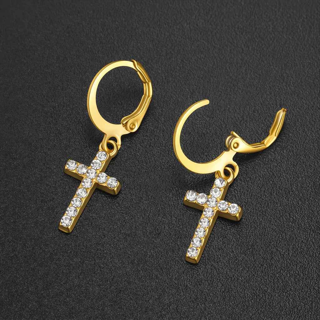 Iced Out CZ Cross Dangle Hoop Earrings — Stainless Steel