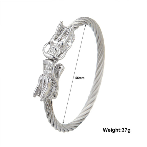316L Stainless Steel Twisted Wire Open Cuff Bangle Double Dragon Tip Bracelet Oriental Vintage Jewelry For Men=
