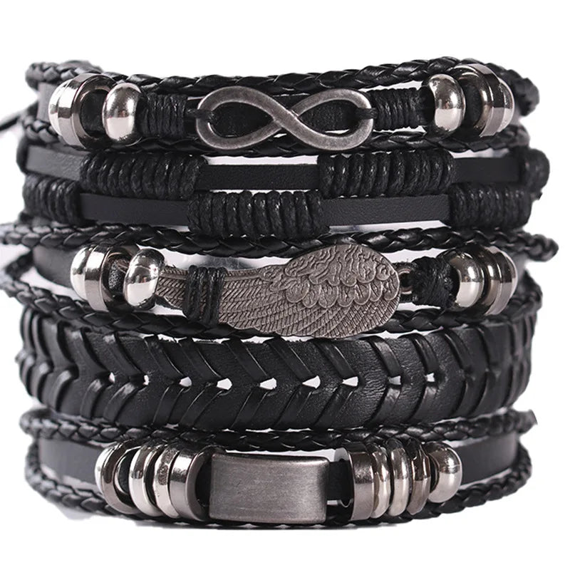 4/5/6pcs Evil Eye Wing Star Skull Diy Braided Punk Style Bracelet Set, Featuring Pu Leather And Beads Bracelet