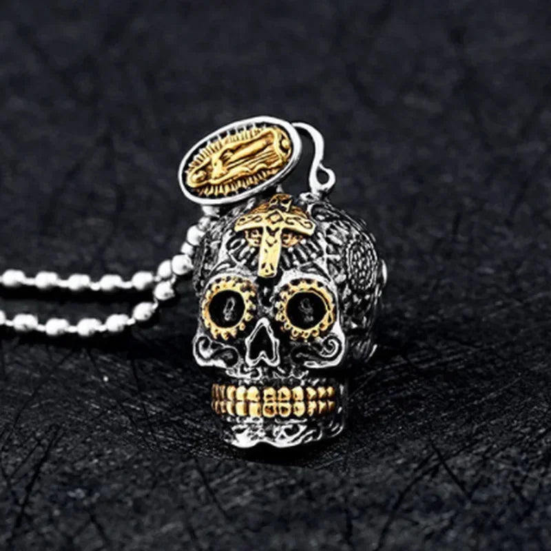 Retro Gothic Golden Cross Skull Pendant Necklace for Men Fashion Party Rock Motorcycle Riding Punk Jewelry Gift