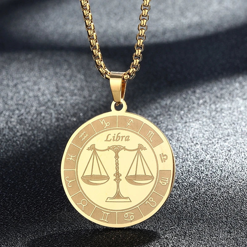 Stainless Steel Zodiac Sign Necklace For Women Men 12 Constellation Libra Symbol Pendant Necklace Amulet Collar Men Jewelry Gift