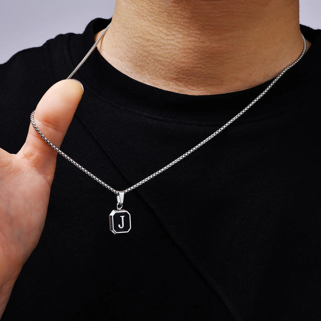 Initial Square Pendant Necklace — Stainless Steel
