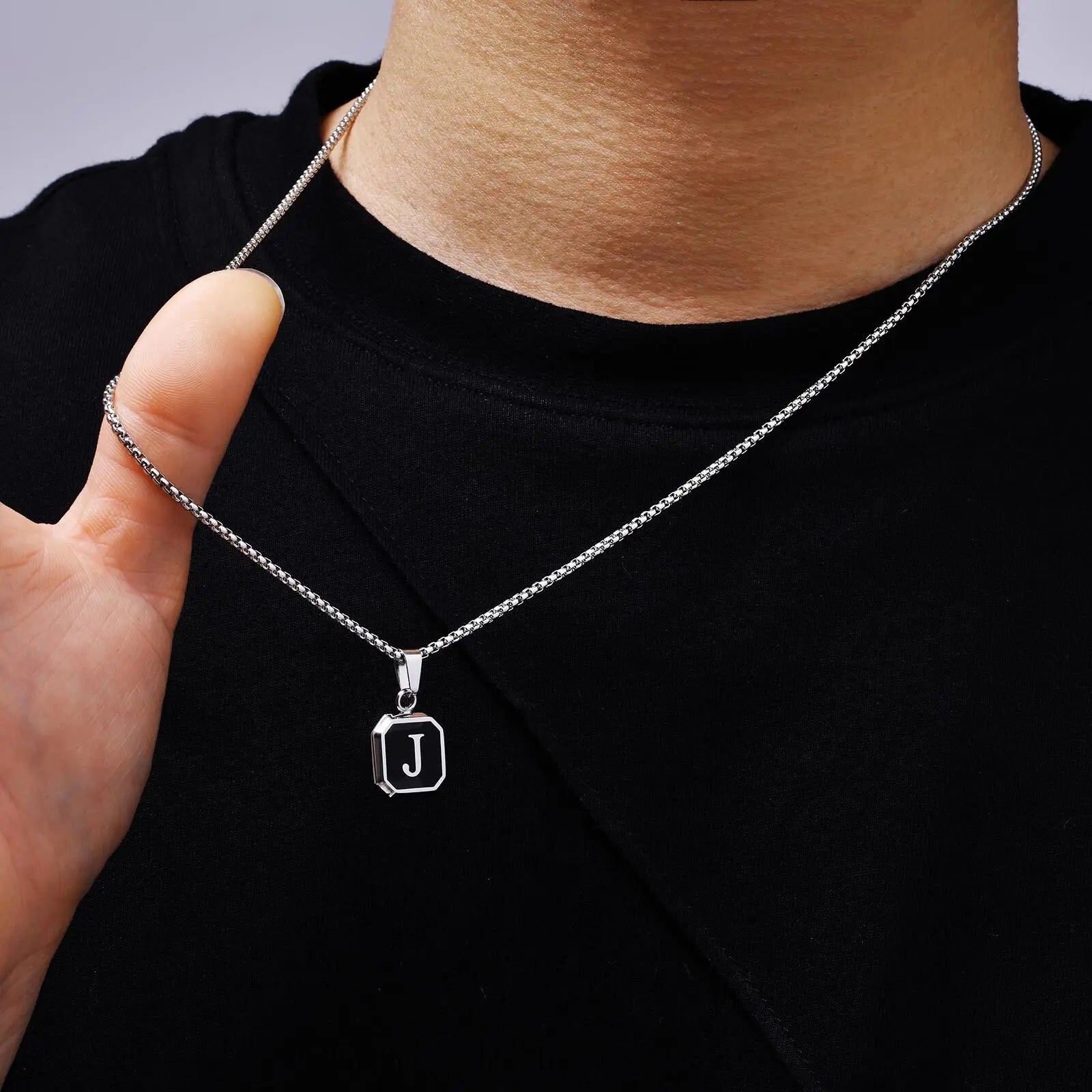 Initial Square Pendant Necklace — Stainless Steel