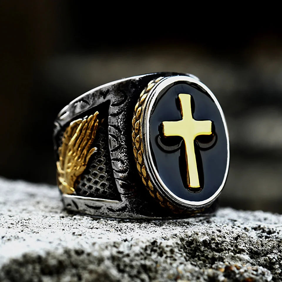 Vintage Stainless Steel Sliver/Gold Color Cross Rings Punk Fashion Christian Signet Ring For Men Amulet Jewelry Gifts