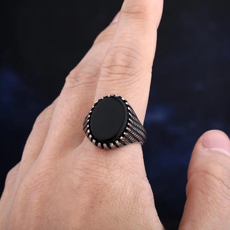 Trendy 316L Stainless Steel Gothic Accessories Black Gem Stone Ring For Man Wome Punk Charm Jewelry Couple&Wedding Gift
