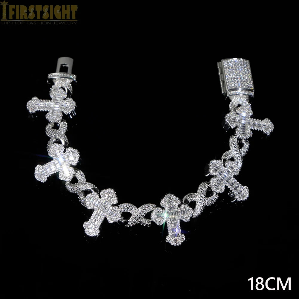 Iced Out Infinity Cross Necklace for Men Women Silver Color Prong Setting Cubic Zirconia Charm Star Link Chain Hip Hop Jewelry