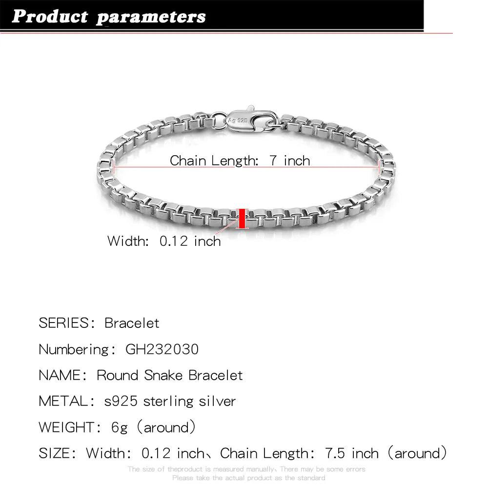 100% Solid 925 Sterling Silver Box Chain Bracelet Unisex Bangle For Men & Women Thoughtful Jewelry Gift for Birthdays/Holidays