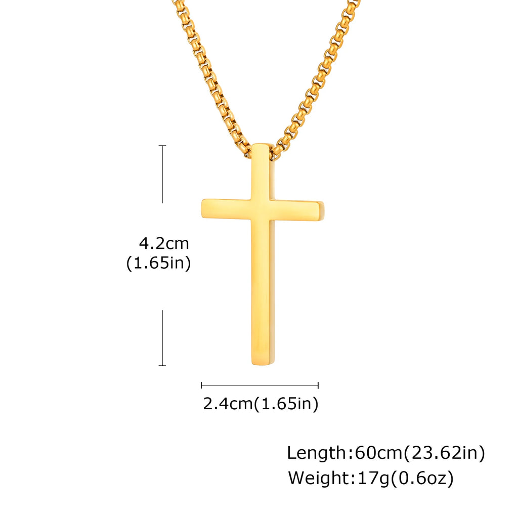 Vnox 60cm Box Chain Cross Pendant Necklaces for Men, Simple Plain Black Silver Gold Color Stainless Steel Thick Cross Collars