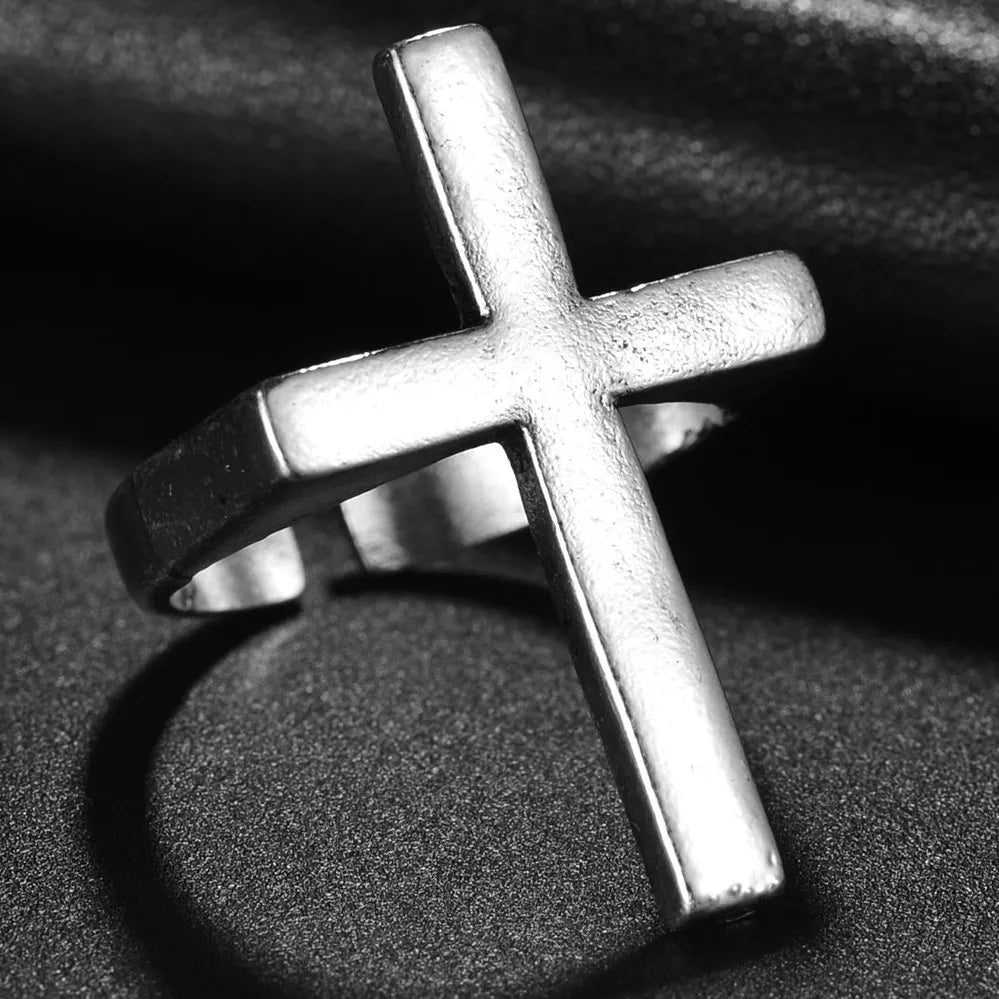 Vintage Goth Black Cross Open Ring for Men Women — Black-Tone