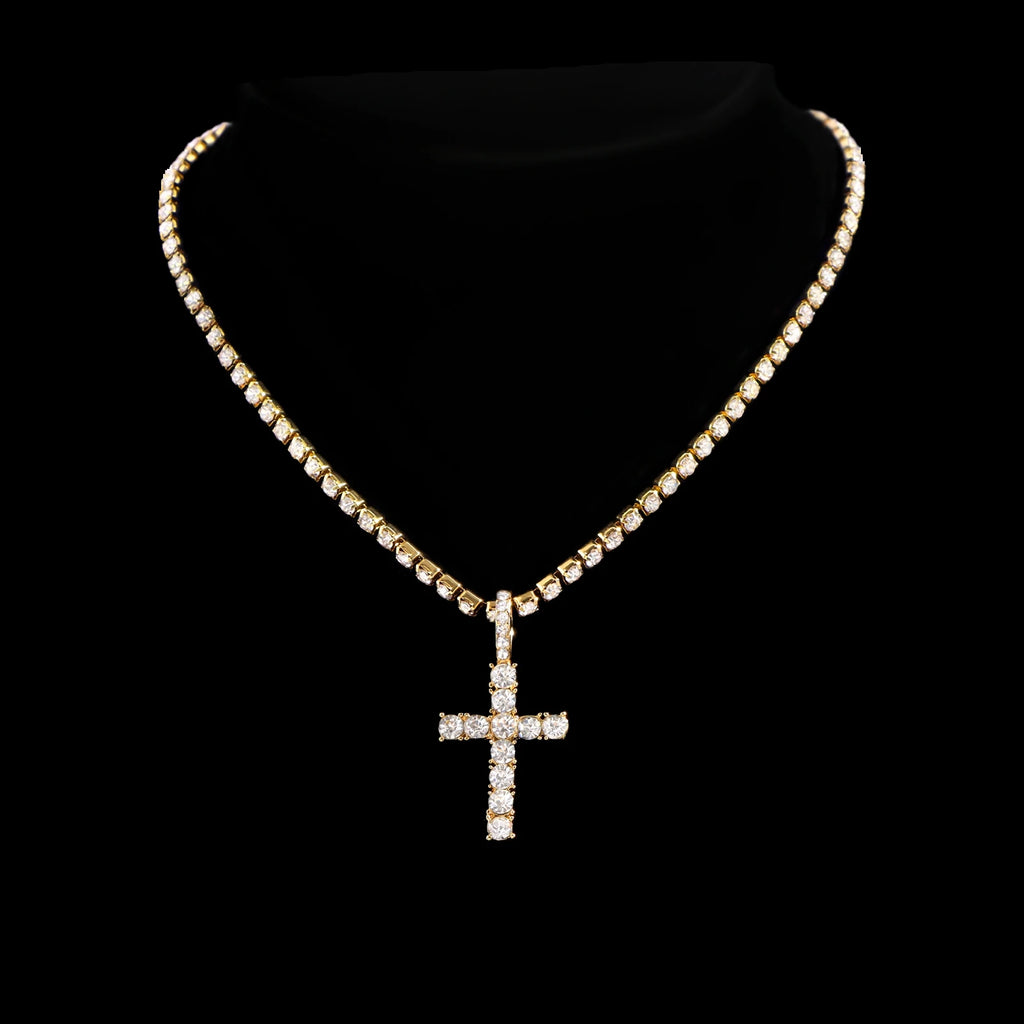 2Pcs Punk Crystal Cross Ankh Tennis Chain Iced Out Prong Cuban Link Chain Necklace For Men Women Rapper Necklaces