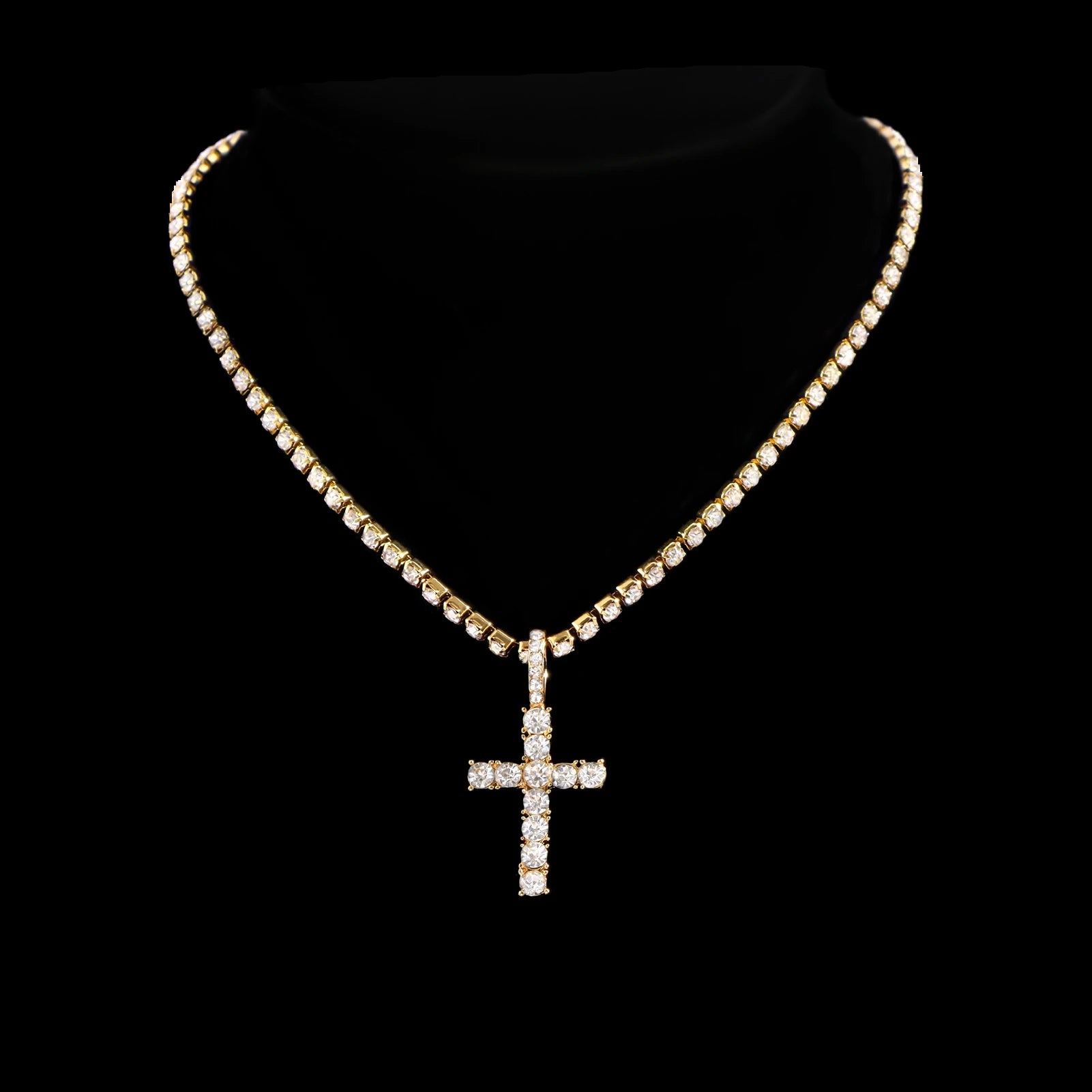 2Pcs Punk Crystal Cross Ankh Tennis Chain Iced Out Prong Cuban Link Chain Necklace For Men Women Rapper Necklaces