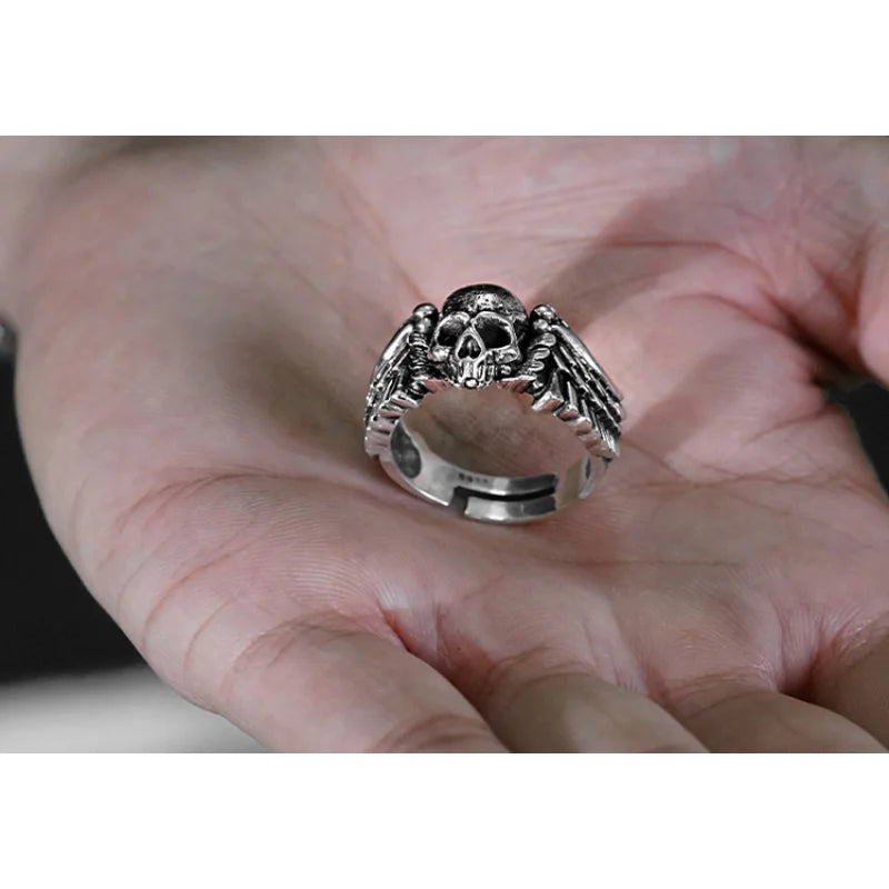 Wings Skull Head Open Ring — Stainless Steel