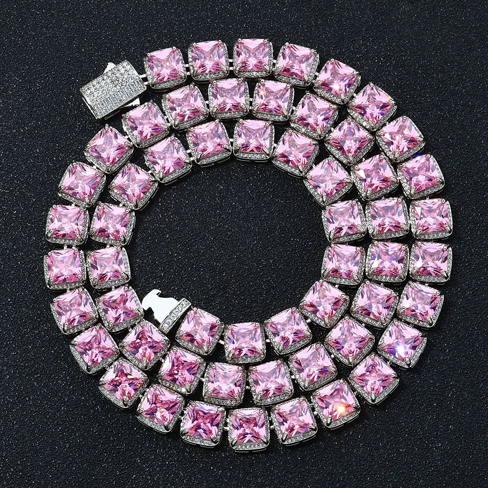 Tennis Chain Necklace Iced Out Pink Princess Cut