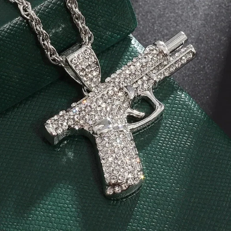 Crystal Pistol Pendant Necklace — Iced Out Two-Tone Street Chain