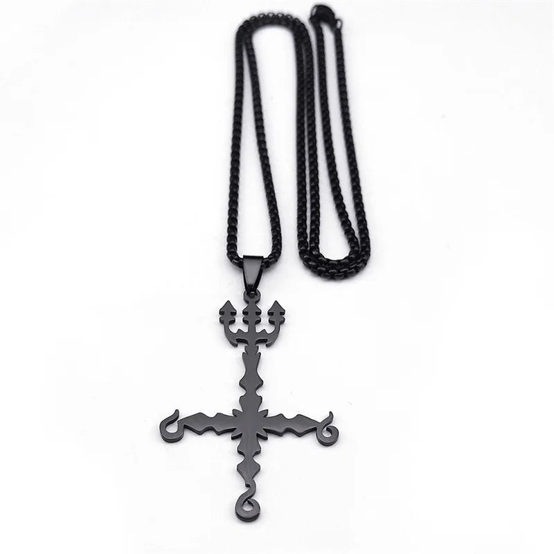 Heavy Metal 666 Music Band Necklace Stainless Steel Black Color Sigil Church of Satan Fork Cross Necklaces Jewelry N8055BKS06
