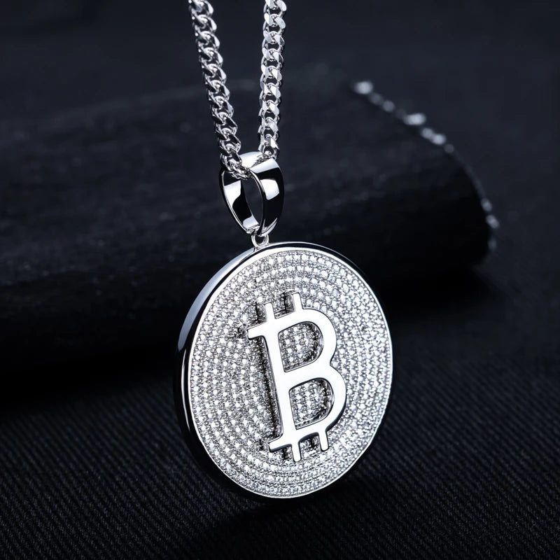 Iced Out Bitcoin Pendant — 925 Silver