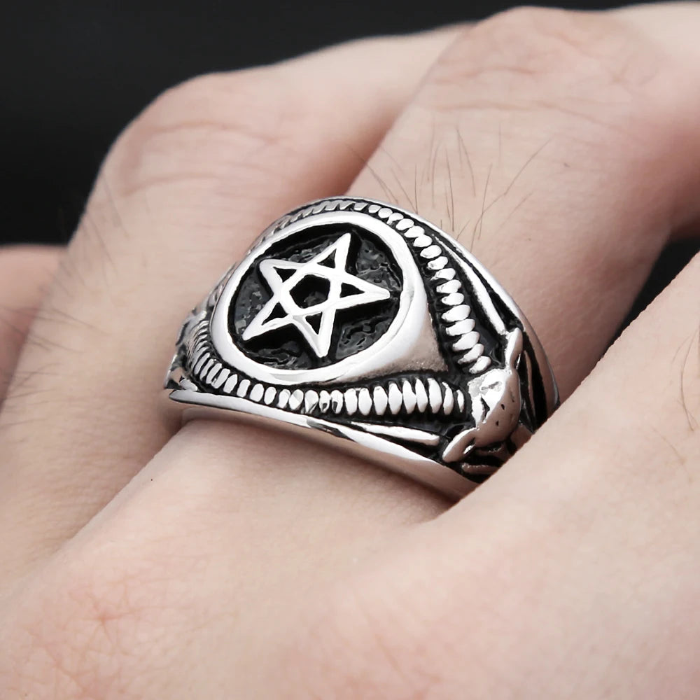 Vintage Fashion Stainless Steel Pentagram Rings For Men Women Gothic Biker Goat Devil Demon Ring Party Jewelry Gifts Wholesale