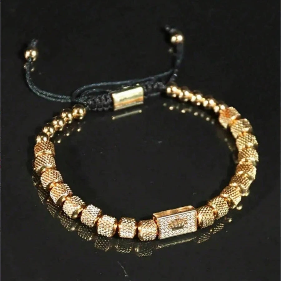 Gold Crown Pendant Beaded Bracelet Adjustable — Stainless Steel