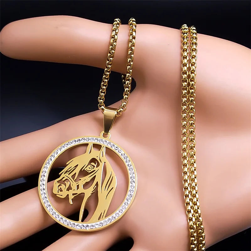Horses Head Pendant Necklace for Men Women Stainless Steel Crystal Animal Chain Horse Accessories Jewelry Colar