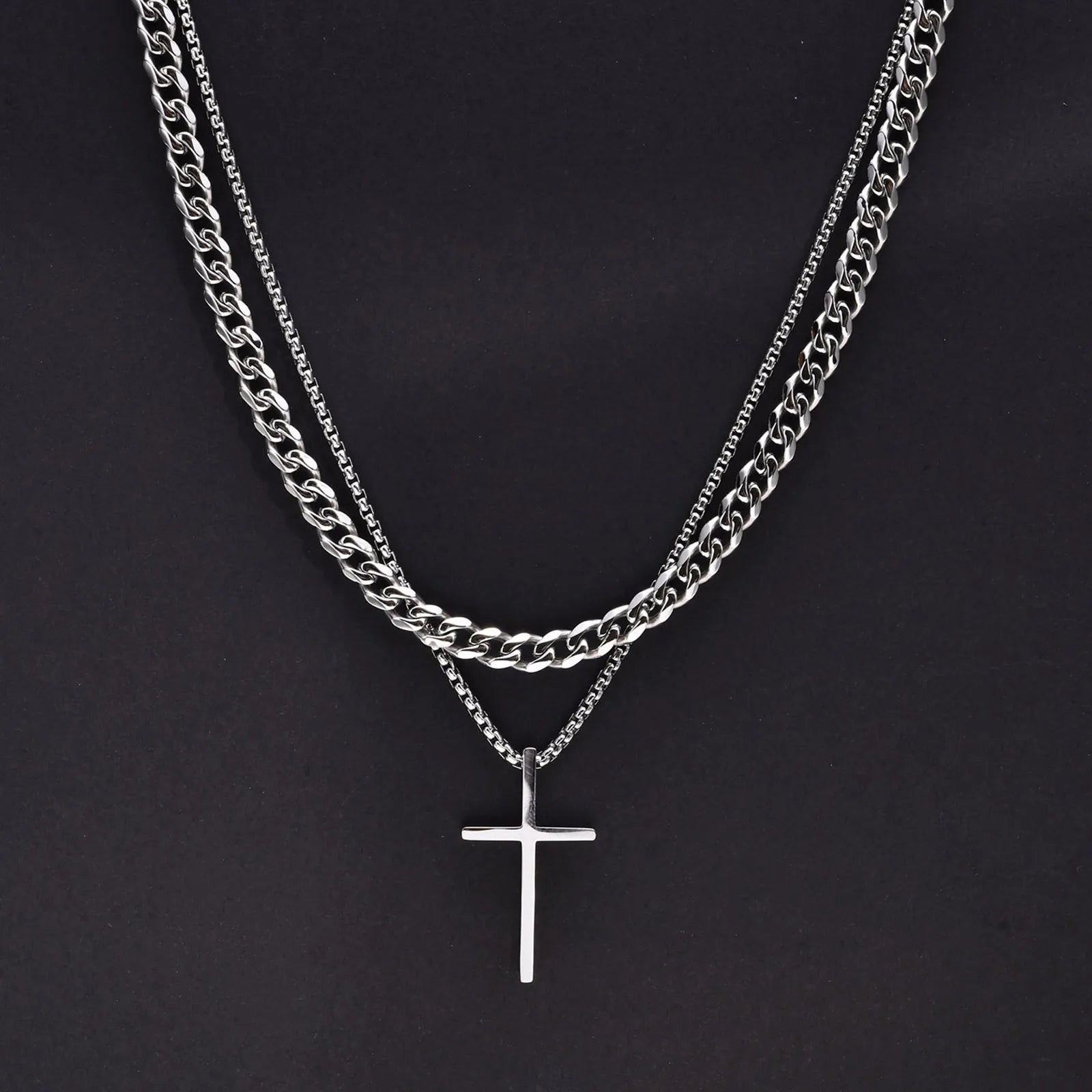 Vnox Dropshipping Mens Cross Necklaces Stainless Steel Layered Plain Cross Pendant Rope Box Chain Necklace Prayer Jesus Collar