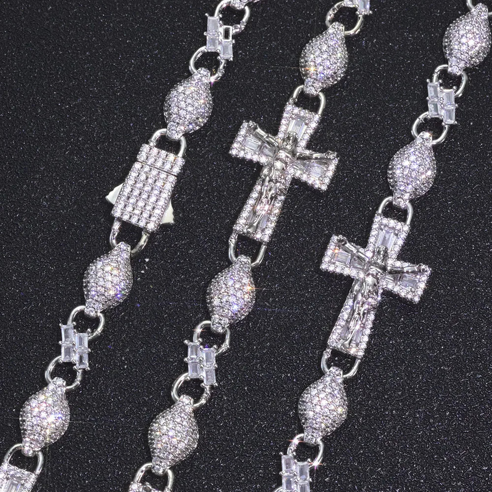 Cross Iced Out Rosary Chain Necklace Stainless Steel