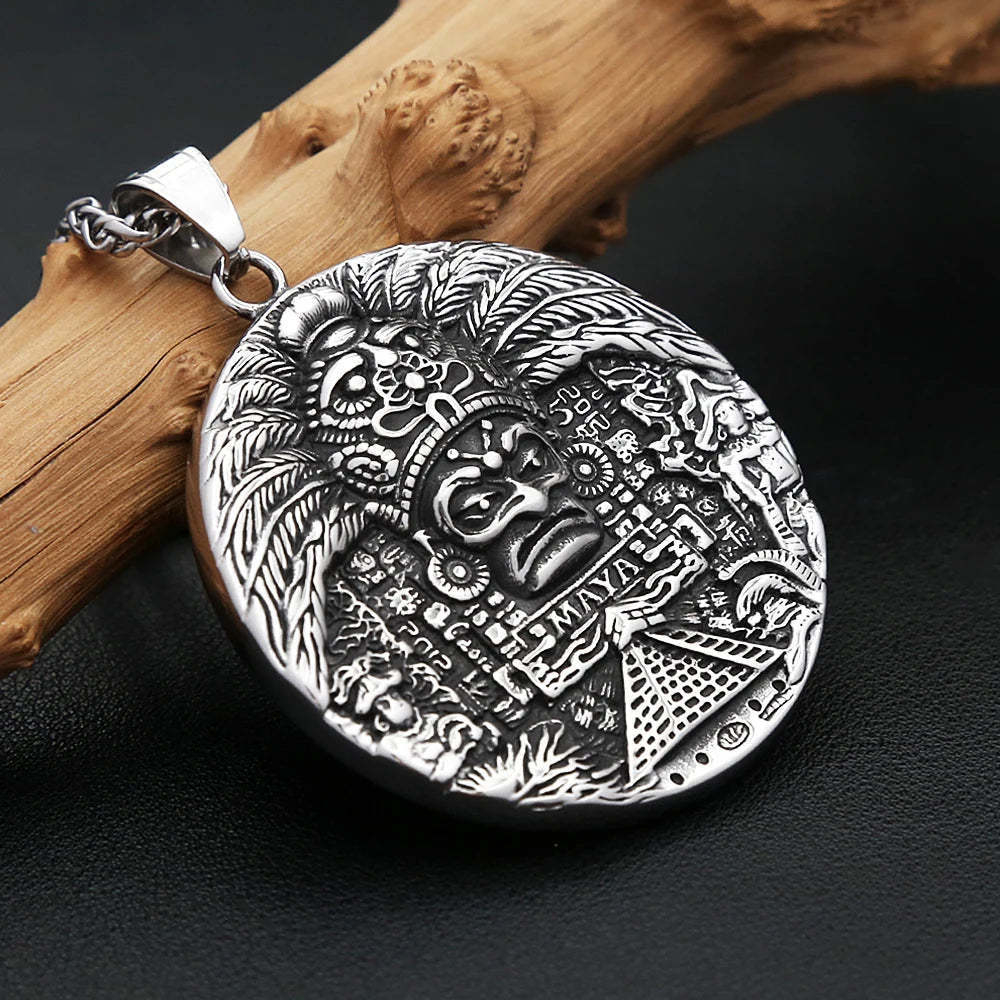 Aztec Steel Pendant Vintage Mayan Pattern Big