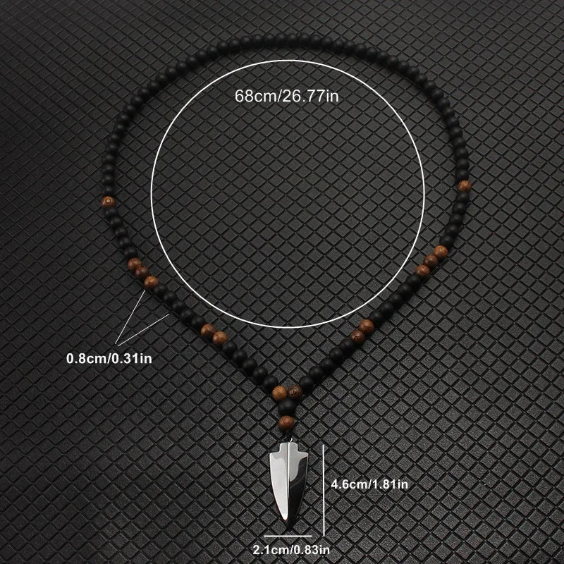 Wood Bead Arrow Pendant Necklace 8mm for Men — Black-Tone