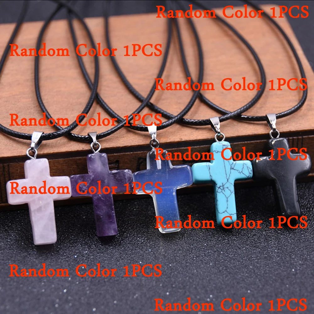 Tiny Natural Stone Turquoise Opal Cross Pendant Necklace With Stones Women Leahter Chain Choker Female Jewelry Party Girls Gift