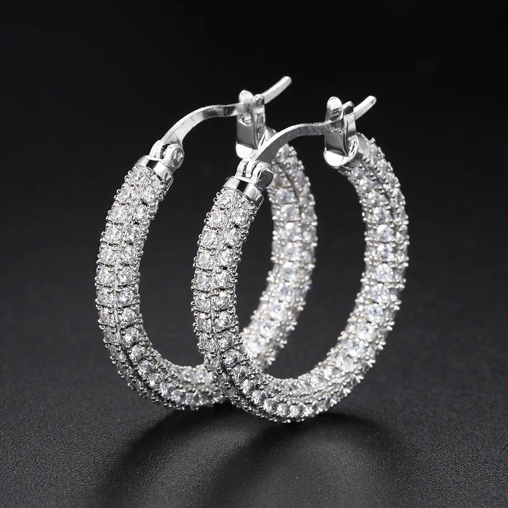 Two-Tone Iced Out Hoop Earrings CZ Silver Gold