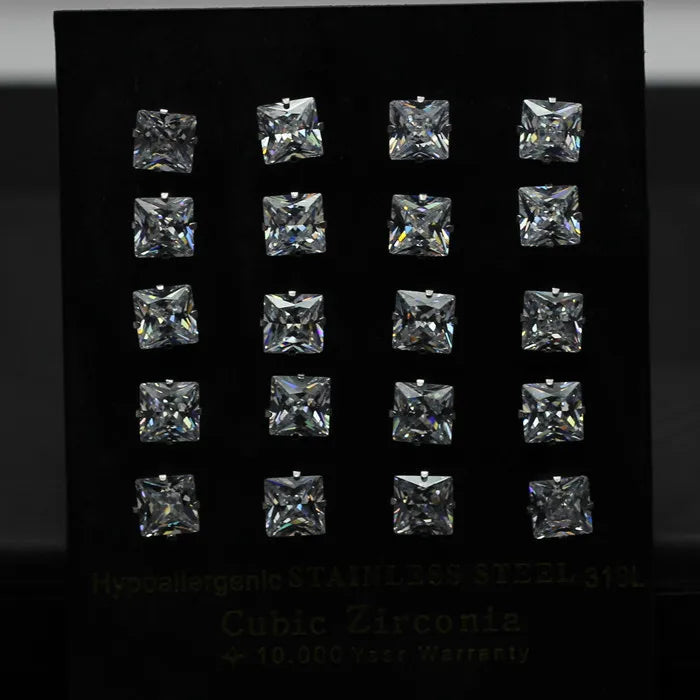 LUXUKISSKIDS Brilliant Square Stud Earrings 10pairs/Lot Novel Clearly Large 3A Cubic Zirconia Stainless Steel Wholesale
