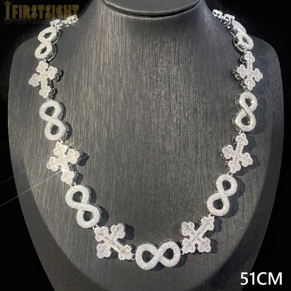 Iced Out Infinity Cross Necklace for Men Women Silver Color Prong Setting Cubic Zirconia Charm Star Link Chain Hip Hop