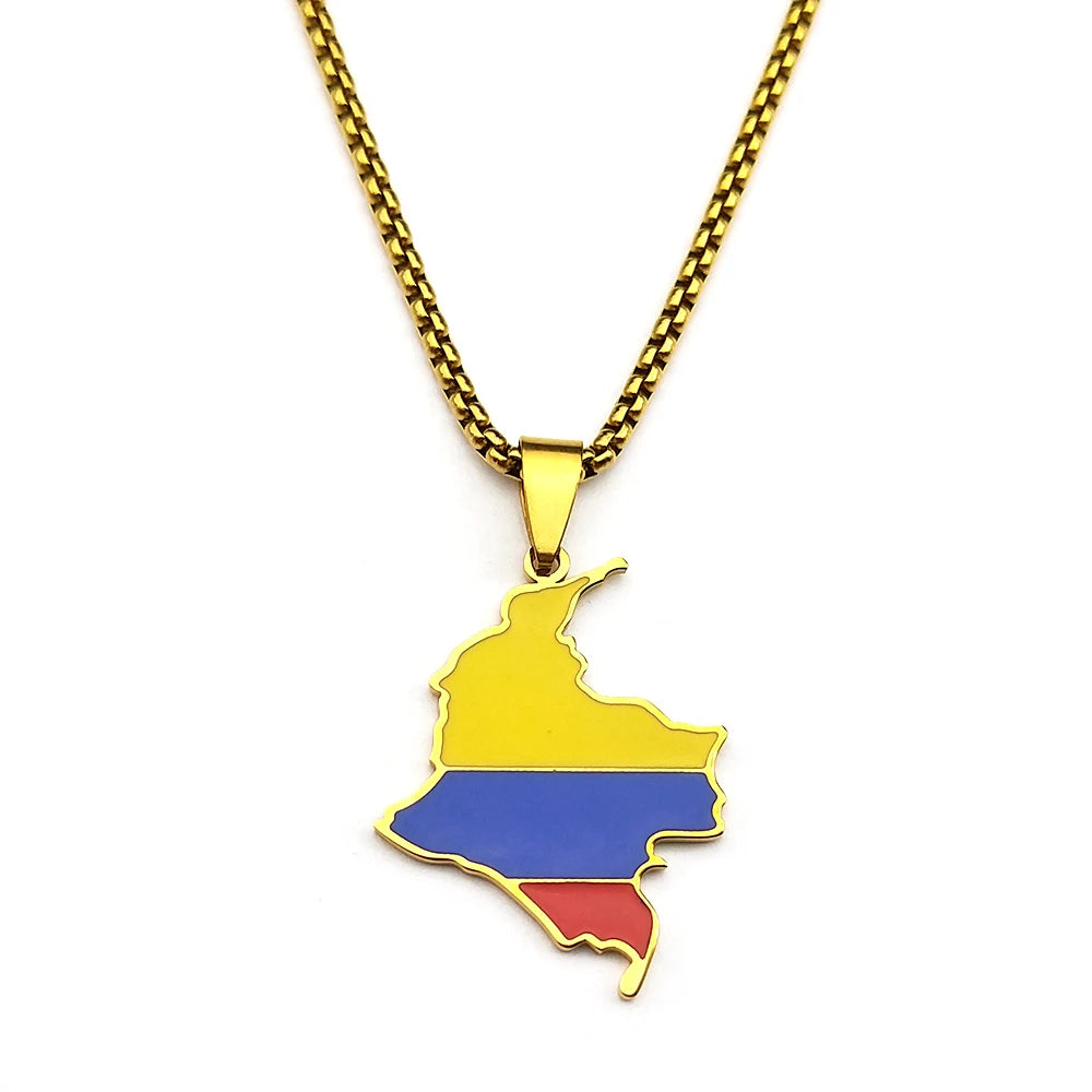 Colombia Map Flag Pendant Necklace For Women Men Stainless Steel Gold Color South America Country Nation Art Male Jewelry Gifts
