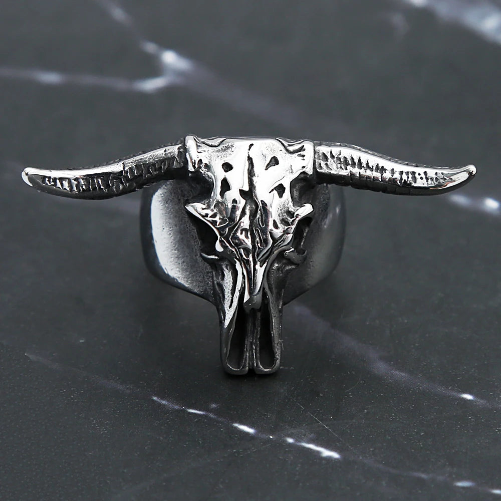 Men Gothic 316L Stainless Steel Bull Skull Ring Punk Rock Biker Bull Head Animal Ring Cool Fashion Jewelry Gift Drop