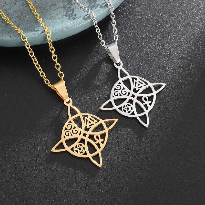 Witchcraft Witch Knot Necklace Irish Trinity Knot Triple Spiral Pendant Stainless Steel Ankh Cross Pentagram Amulet Jewelry