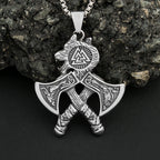 Viking Double Axe Wolf Head Pendant — SS