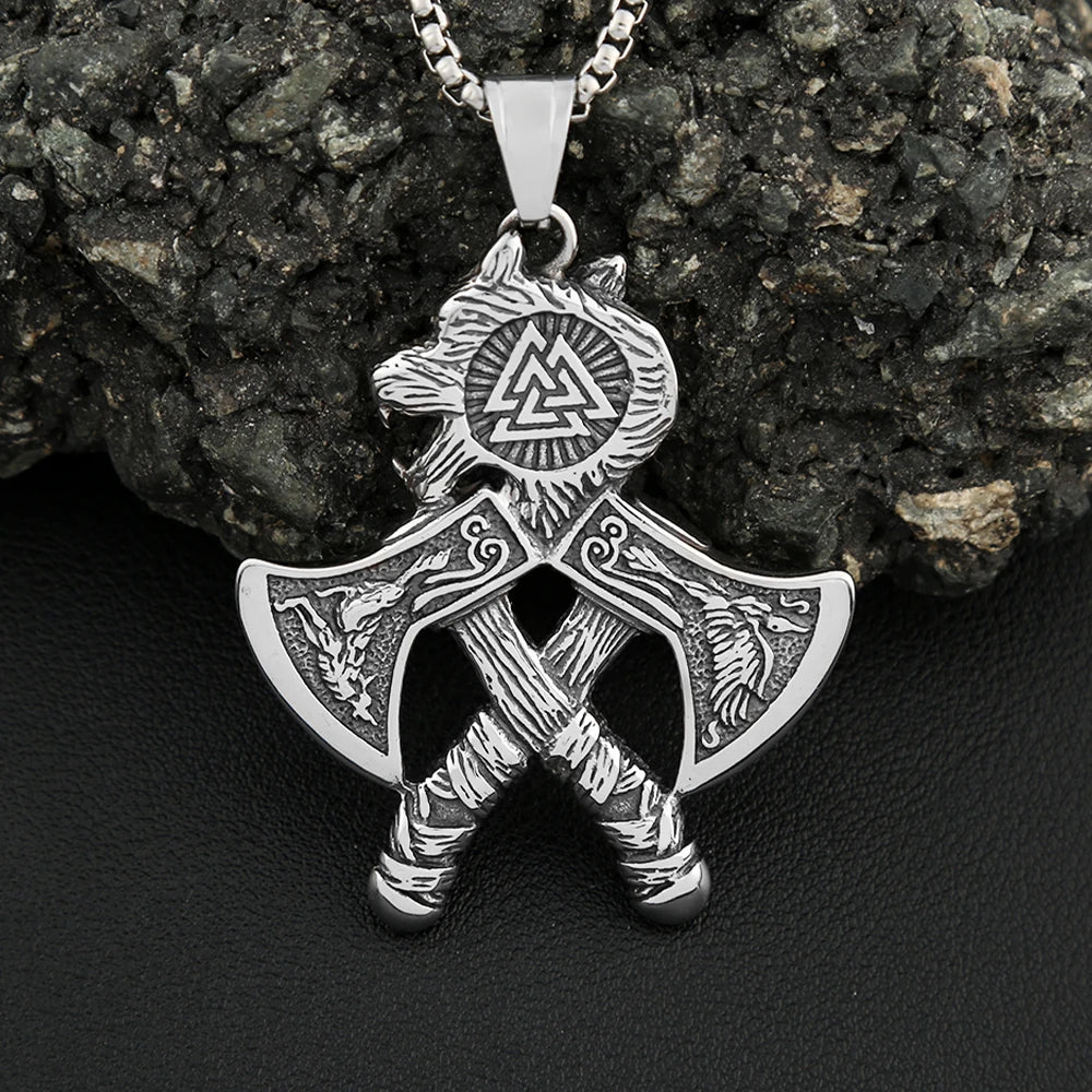 Viking Double Axe Wolf Head Pendant — SS