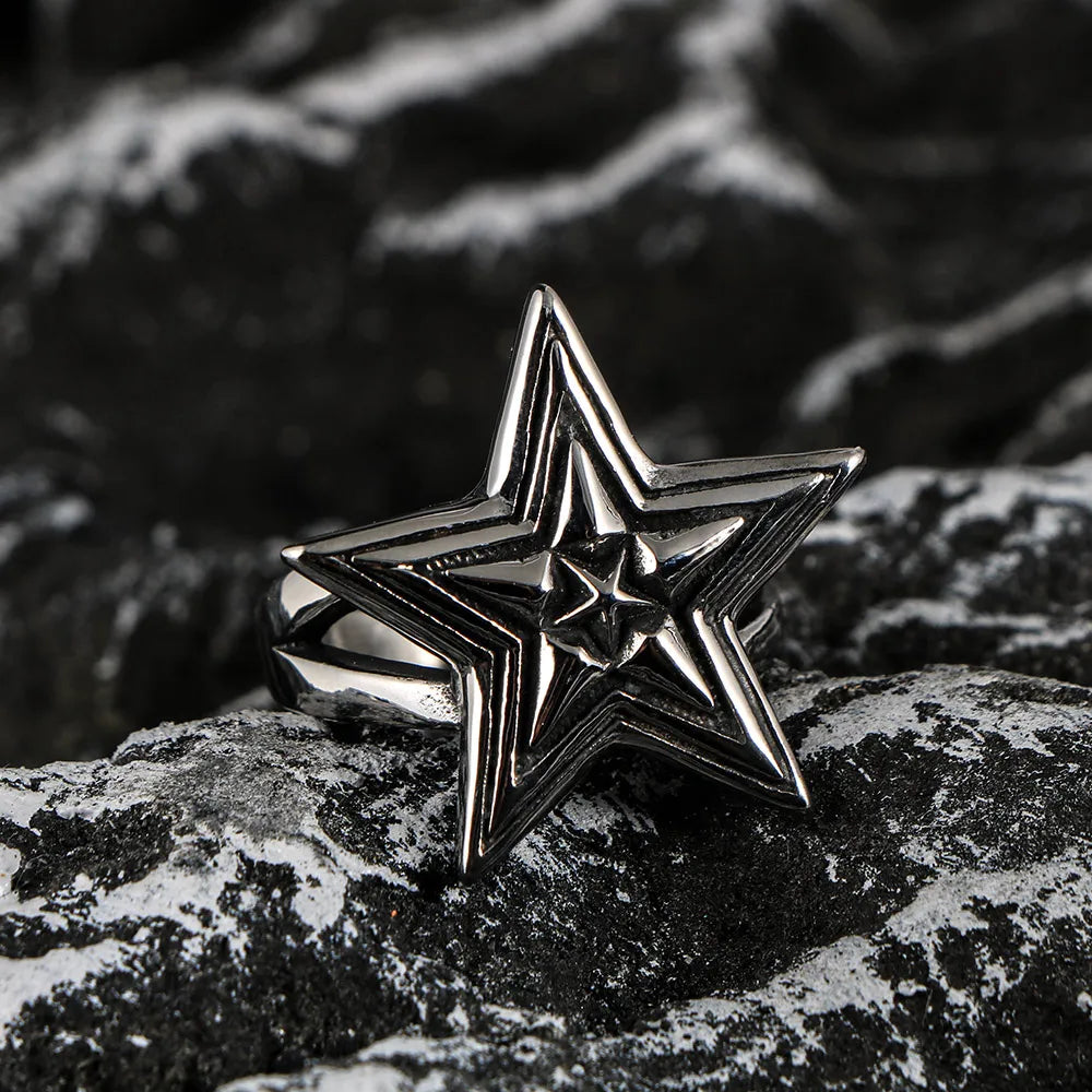 Large Five-Pointed Star Ring — Stainless Steel